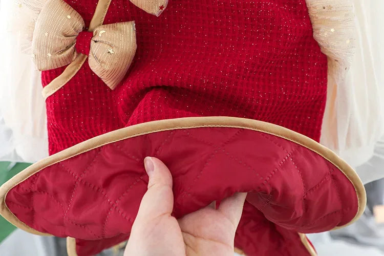 Toddler Baby Girls Dress Autumn  Winter Kids Red Christmas New Year Plush Warm Dress Infant Clothing Set Top+ skirt For 1-4 Years