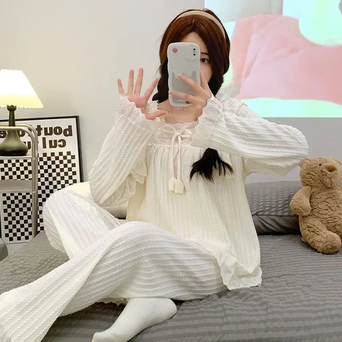 5XL Plus Size Spring Ladies Pajamas Set Princess Style Cotton Soft Sleepwear Square Neck Long-sleeve Trousers suit Household Wear