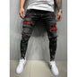 Biker Jeans Men's Distressed Stretch Ripped Biker Jeans Men Hip Hop Slim Fit Holes Punk Jeans Zipper Pure Color Denim Pants