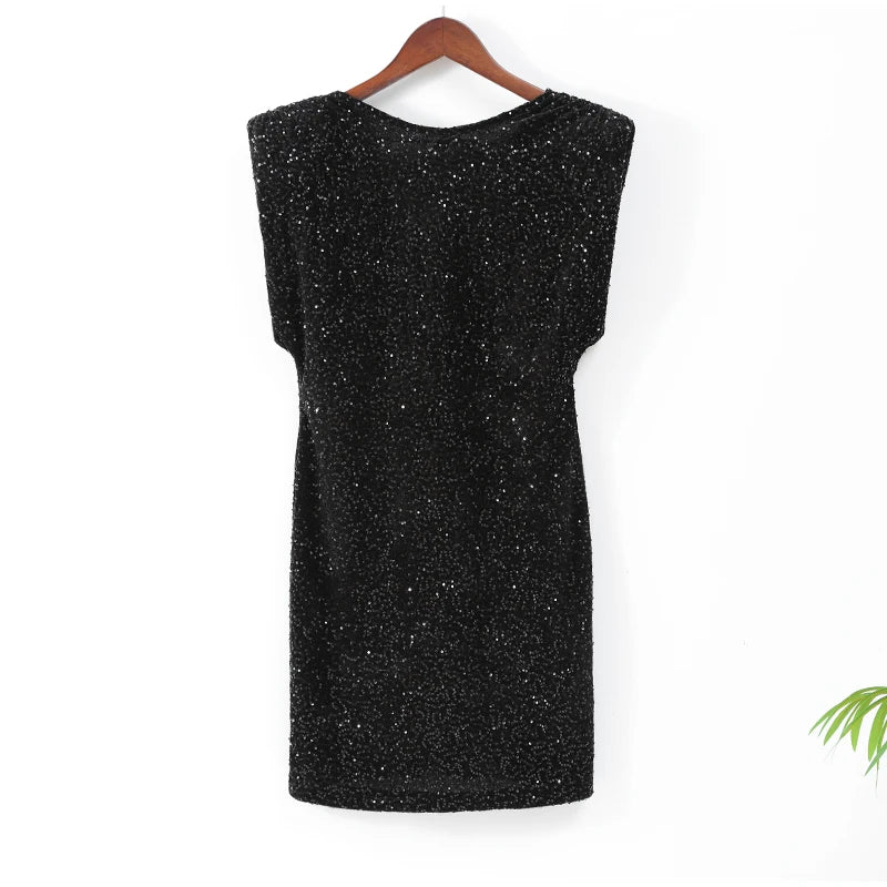 Elegant Woman Black Shiny Sleeveless Mini Dress Sexy Lace Up O Neck Slim Waist Short Dresses New Evening Party Vestidos 2025