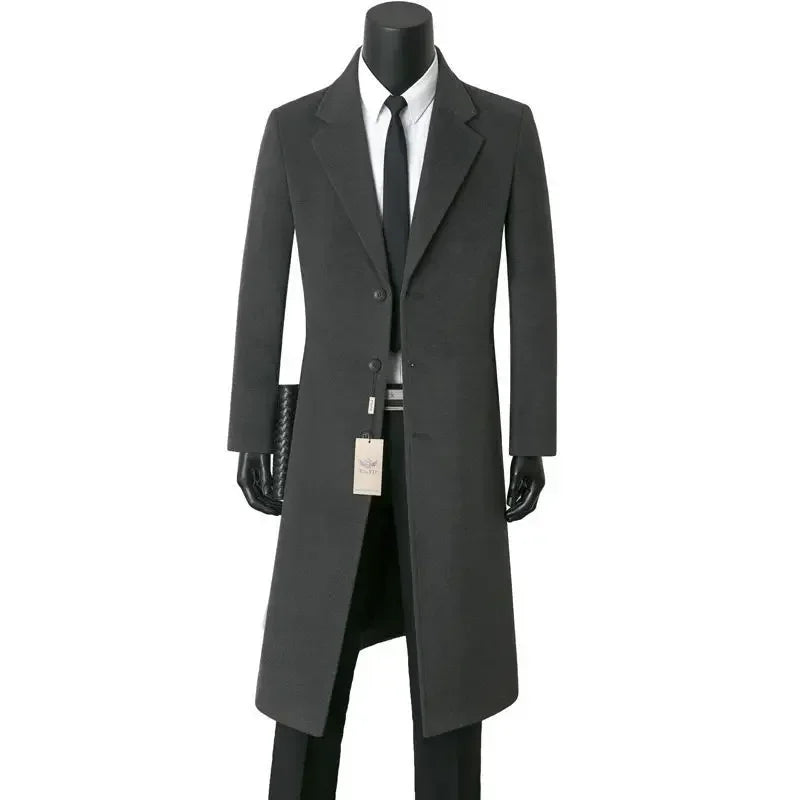 Men's Medium Length Woolen Coat, Business Casual  Warm Windbreaker, Suit Collar, Autumn, Winter