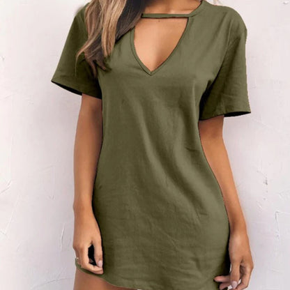 Summer Sexy Mini Black Dress 2025 V Neck Cut Out Loose Dress Women Elegant Short Sleeve Club Party Dress Solid Color Streetwear