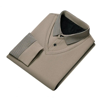 Shirt Collar Sweater Mid-aged Men's Formal Business Style Striped Sweater with Lapel Thick Plush Warm Knitted Pullover for Fall