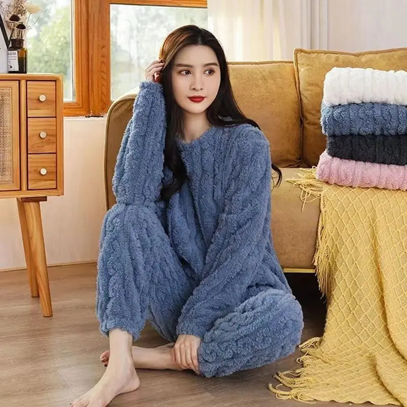 Fleece Women Pajamas Set Winter Sleepwear Solid Velvet 2 Piece Pant Home Suit Fluffy Casual Pajama Warm O-neck Night Wear
