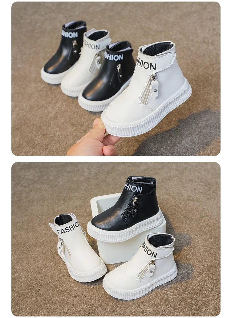 Children Fashion Boots Side Zipper Round-toe Kids Sport Boots Classic Solid Color Non-slip Boys Girls Leather Boots 2025 New