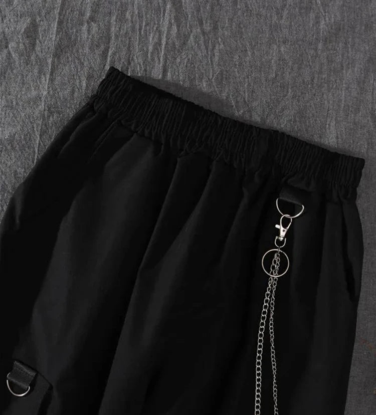 2PCS Women's Streetwear Outfits Loose Long Sleeve Shirt Ribbon Chain Cargo Pants 2 Piece Sets Korean Casual Unisex Couple Suit