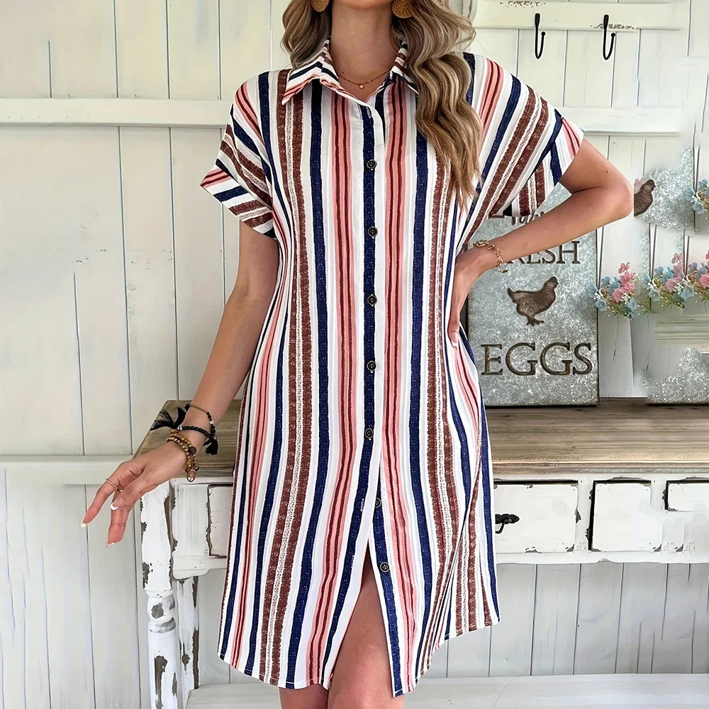 2025 New Dress Women's Clothing Summer Lapel Loose Short-sleeved Shirt Pocket Button Coat Striped Skirt Women's Evening Dress