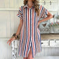 2025 New Dress Women's Clothing Summer Lapel Loose Short-sleeved Shirt Pocket Button Coat Striped Skirt Women's Evening Dress