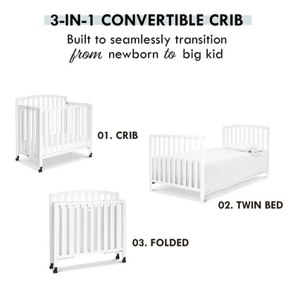 Folding Portable 3-in-1 Convertible Mini Crib and Twin Bed in White, Greengard Gold Certified