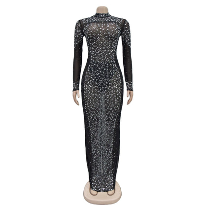 Women Sexy See Through Sheer Mesh Rhinestone Décor Long Sleeve Maxi Party Dress