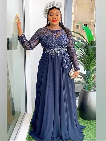 Party Evening Dresses For Women Elegant Long Sleeve Sequin Chiffon Robe Dashiki Africa Clothing Wedding Prom Gown Dubai Kaftans