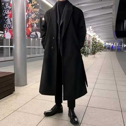 Korean Trend Men's Loose Casual Single-breasted Overcoat Autumn Winter Fashion New Long Sleeve Woolen Long Coat