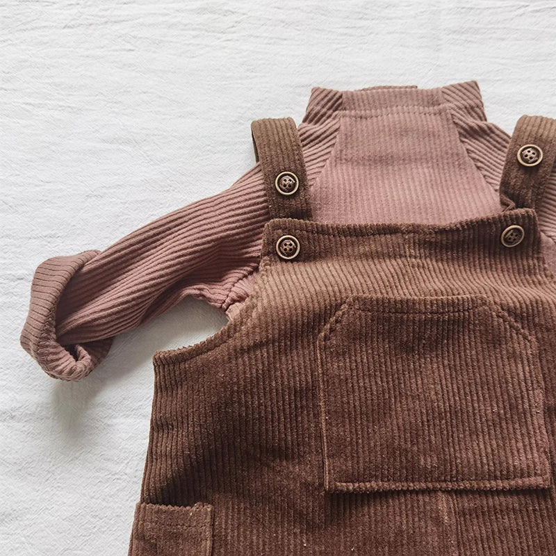 2025 New Korean Toddler Baby Boys Corduroy Overalls Casual Look Front Pocket One Piece Baby Pants Girls Trousers
