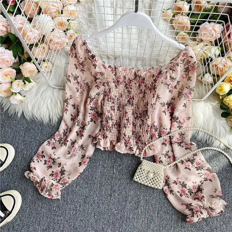 Blouse Women Autumn Retro Sexy Square-Neck Chiffon Shirt Long Sleeve Women's High Waist Short Blusas Ropa De Mujer