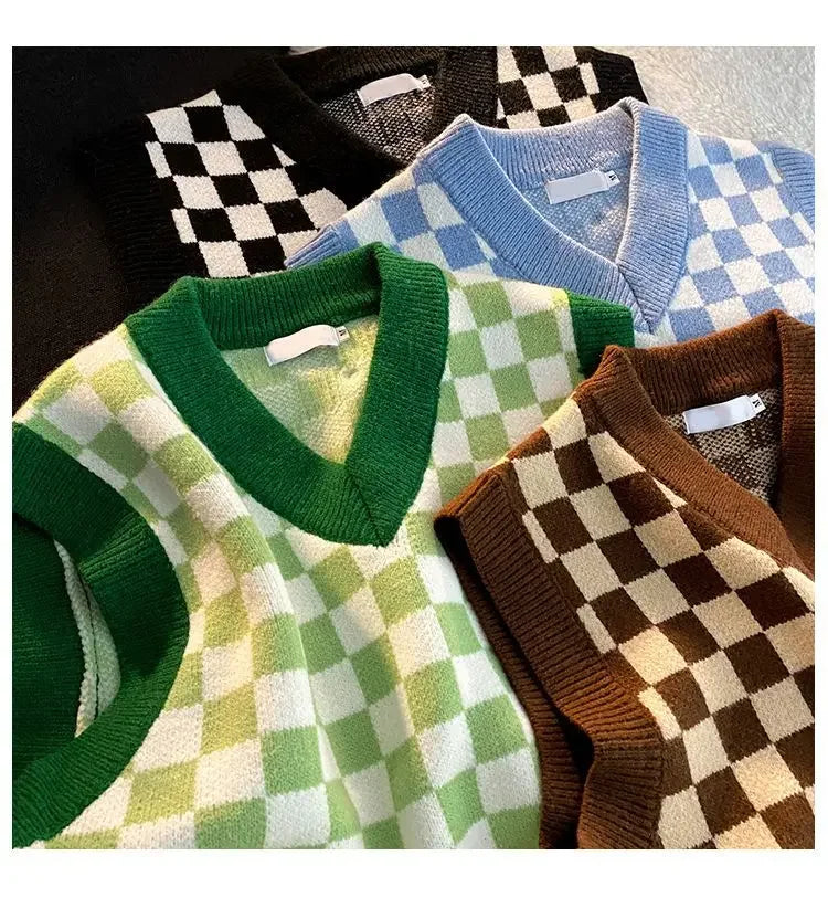 Men's Checkerboard Plaid V-neck Knitted Vest Female Spring Autumn Loose Couple Sweater Coat Sleeveless Vests Casual Tops