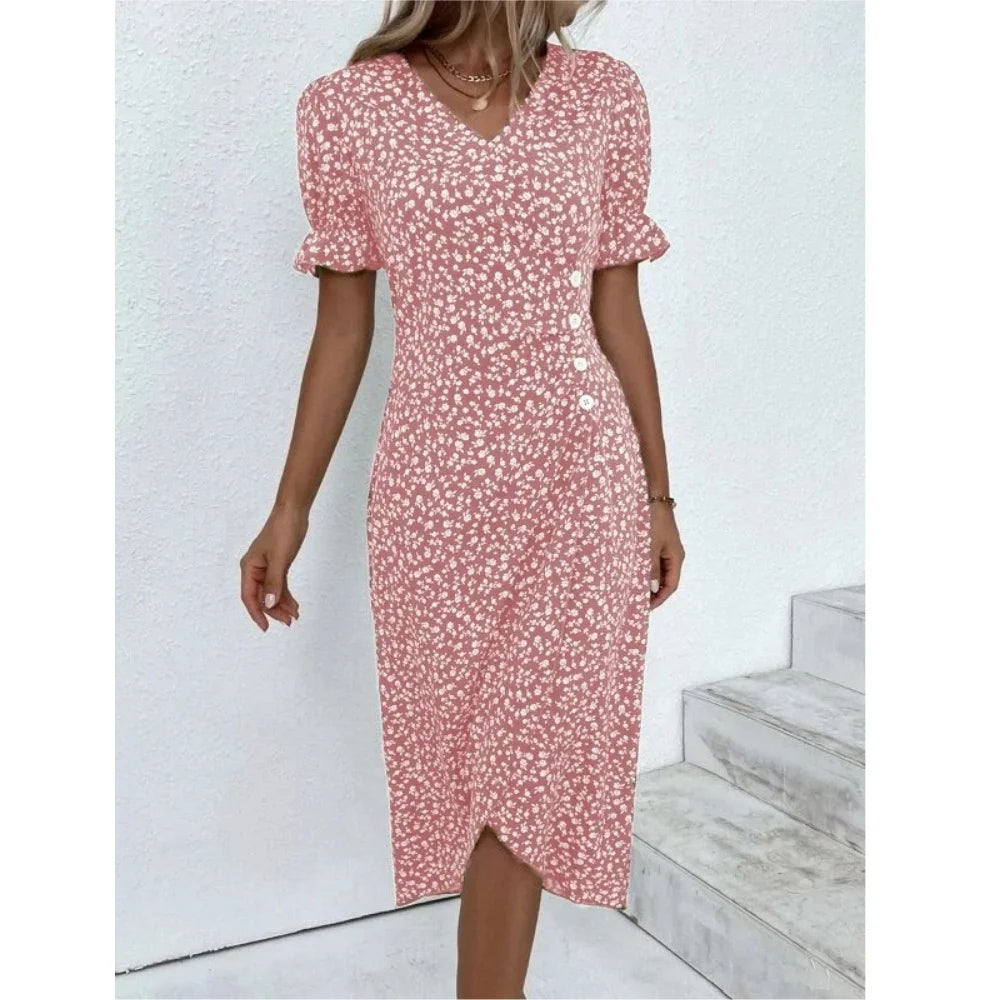 Elegant Ladies Midi Dress Geometric Button Split Dress Платья Vestidos Medievales Para Mujer De Verano Elbiseler Jurken Dames
