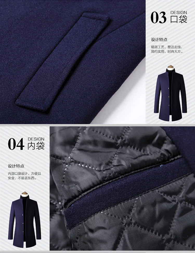 EUR Size S-XXL Autumn Winter Thick Warm Stand-up Collar Woolen Men Coat Business Casual Slim Coat Woolen Jacket Male Windbreaker