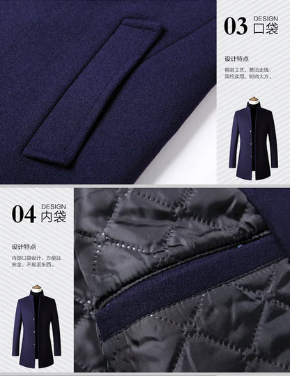 EUR Size S-XXL Autumn Winter Thick Warm Stand-up Collar Woolen Men Coat Business Casual Slim Coat Woolen Jacket Male Windbreaker