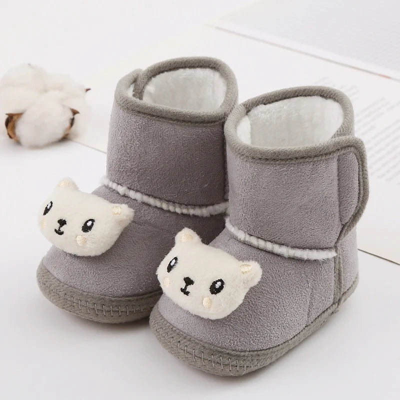 Winter Snow Baby Boots Cute Bear Warm Fluff Balls Indoor Soft Sole Infant Newborn Toddler Baby Shoes 0-18M