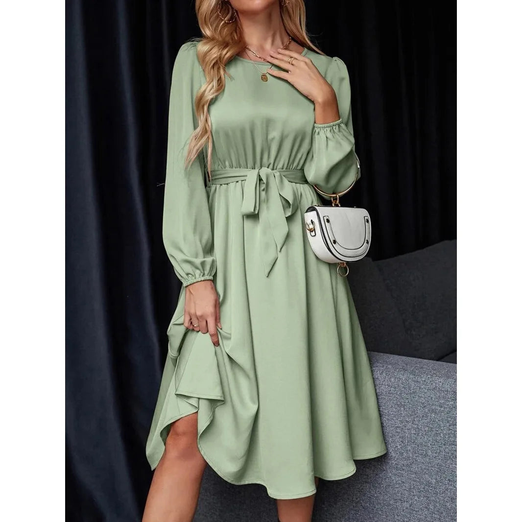 Summer Women's New Fashion Lantern Sleeves Keyhole Back Lace Up Waist Satin Round Neck Long Sleeve Medium Length Dress