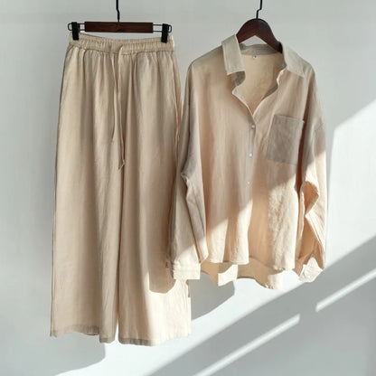 Loose Solid Color Cardigan Shirt Wide Leg Pants Women's 2-piece Set Of Retro Cotton Linen Shirt High Waist Long Pants Set Outfit