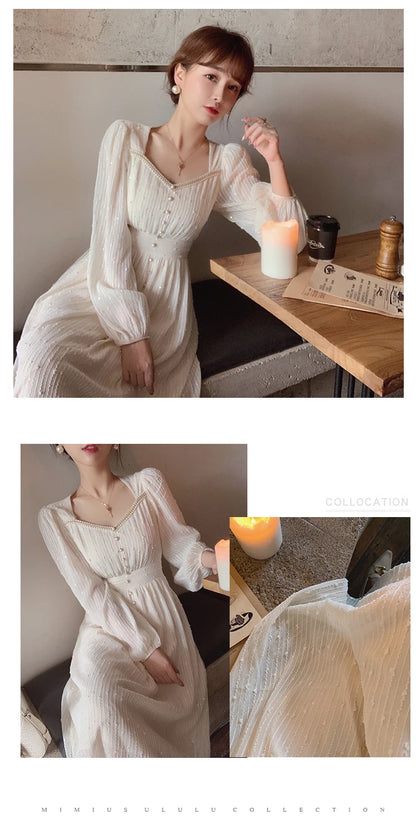 2025 Summer New Women Fashion Elegant White Midi Dresses Vintage Princess Female Party A Line Clothes Prom Robe Vestdios