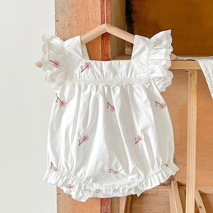 Newborn Baby Girls Jumpsuit Flying Sleeve Cotton Flower Embroidery Toddler Baby Girl Bodysuits Baby Girls Clothes For Summer