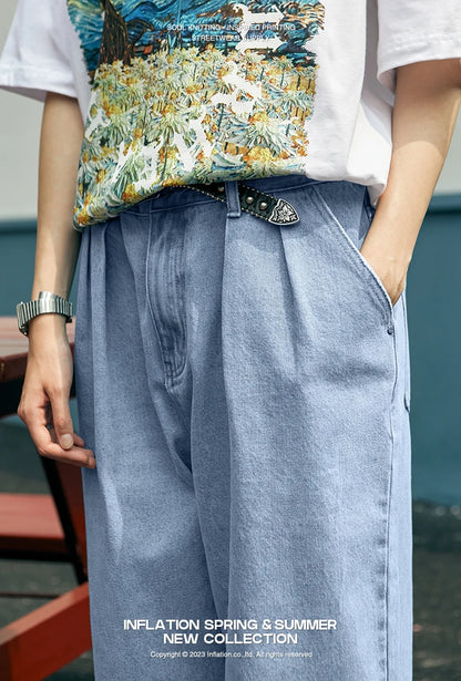 INFLATION Brown Retro Washed Denim Pants Unisex Classic Straight Leg Jeans Male Trouser Plus Size