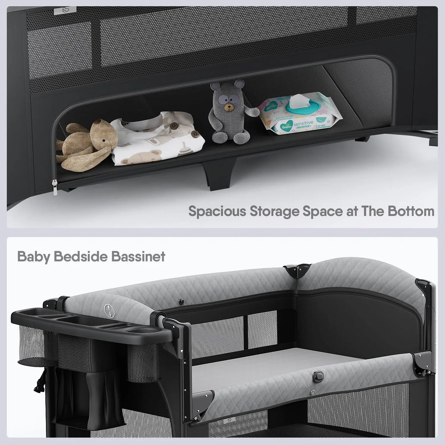 4 in 1 Baby Bassinet, Pack and Play, Bedside Crib Sleeper, Diaper Changer - Comes with Mattress, Mosquito Net Bottom Storage