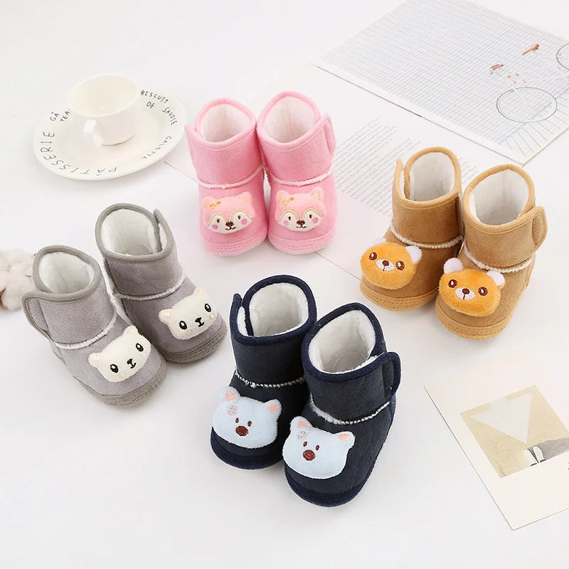 Baywell Cute Cartoon Animal Newborn Baby Boots Winter Plush Snow Booties for Boy Girl Soft Soled Comfortable Warming Shoes
