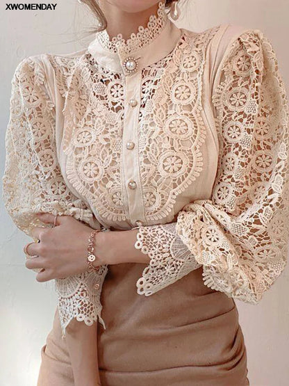 Women Chiffon Button Turtleneck Shirt Chic Elegant Floral Lace Fluffy Long Sleeve Top Fashion Hollow Oversize White Blouse 2025