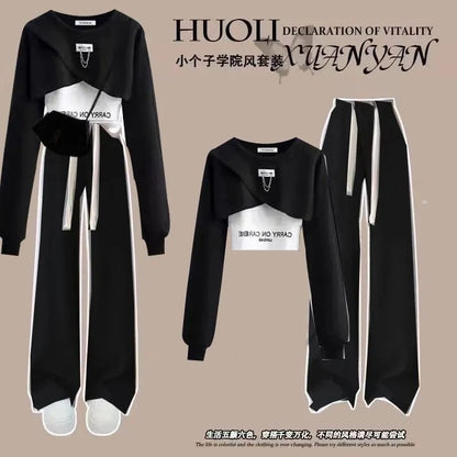 Spring and Autumn Set Women's 2025 Korean Loose Fashion Top Casual Work Pants Age Reducing Three Piece Set