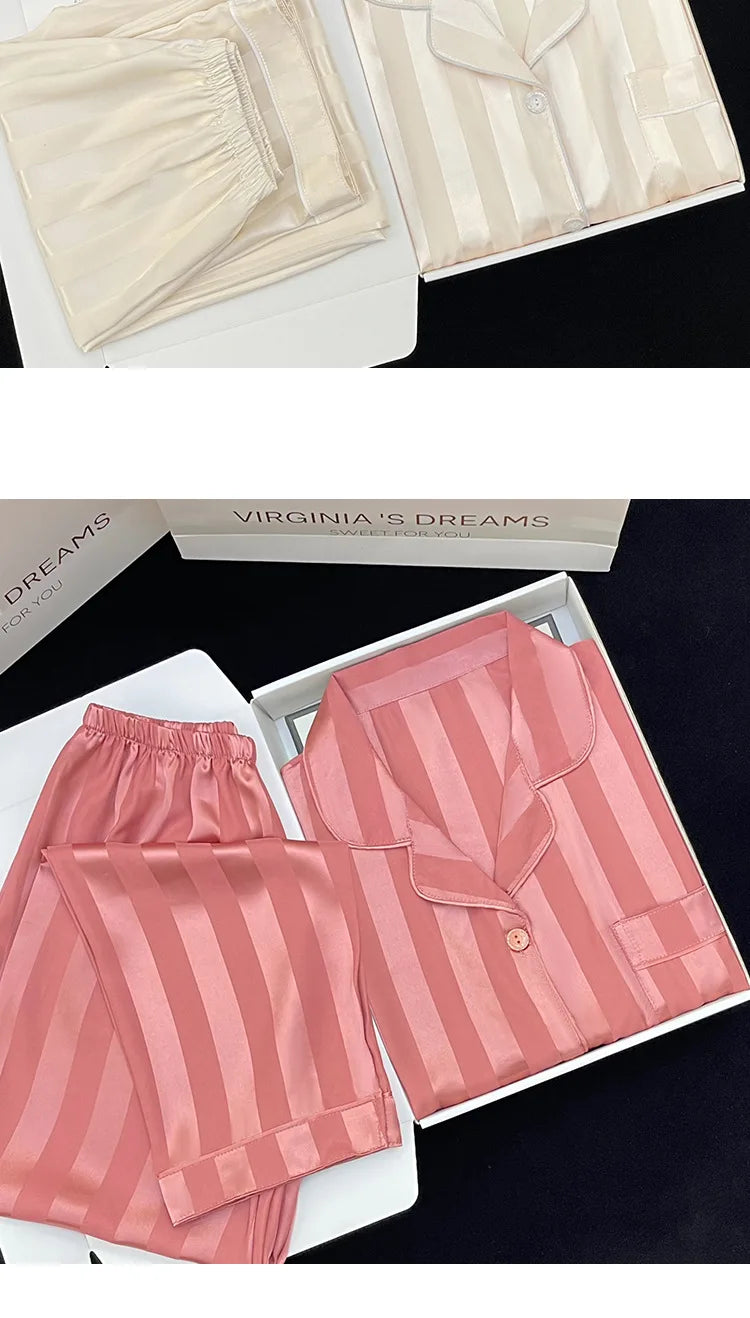 Women's Pajamas Sets Spring Autumn 2 Piece Striped Pajama Faux Silk Satin Sleepwear Long Sleeve Button Pajama Mujer Pjs Home wear