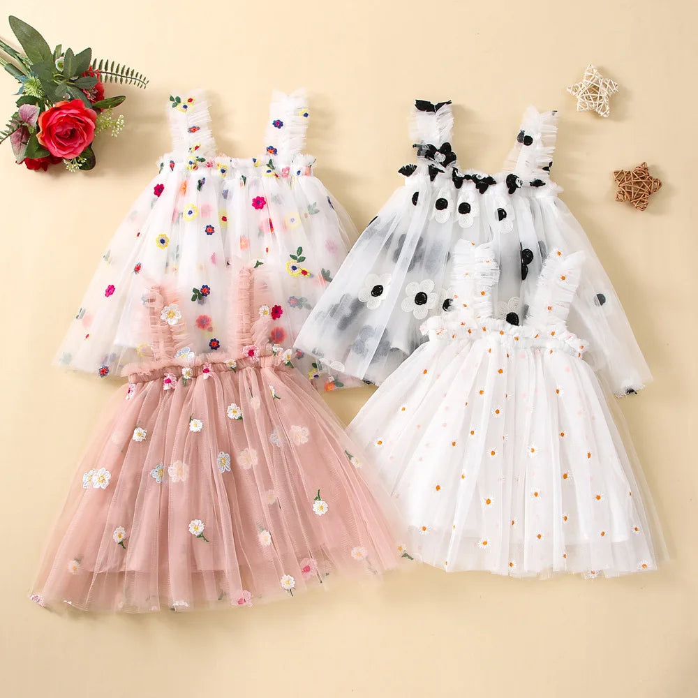 2025 New Baby Girl Clothes Multi Coloured Embroidered Floral Mesh Camisole Cute Baby Girl Dress Party Princess Fluffy Dresses