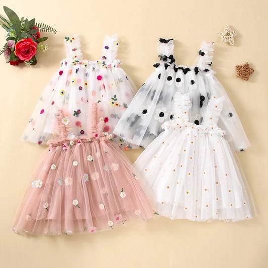 2025 New Baby Girl Clothes Multi Coloured Embroidered Floral Mesh Camisole Cute Baby Girl Dress Party Princess Fluffy Dresses