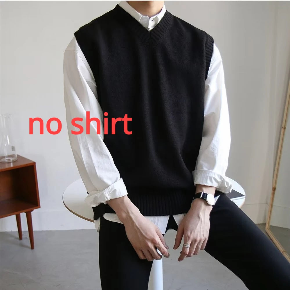 Black Sweater Vest Men Hot Sales Korean Style Chic Solid Autumn Basic Casual Sleeveless Knitwear V-neck Retro Loose High Street