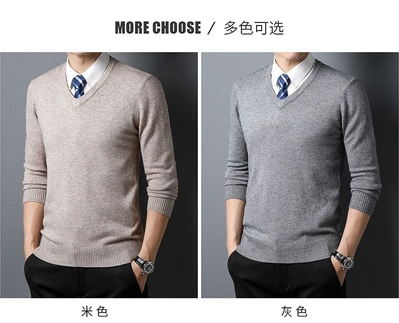Men's Sweater Fashion Solid Color Warm Sweater Business Casual Heart Neckline Sweater Pullover Men