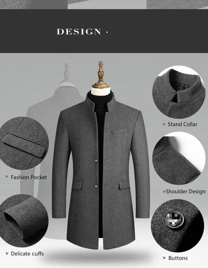 Men's Autumn Winter Long Woolen Coats Men's Business Office Casual Slim Solid Wool Windbreaker Thicken Warm Trench Jacket