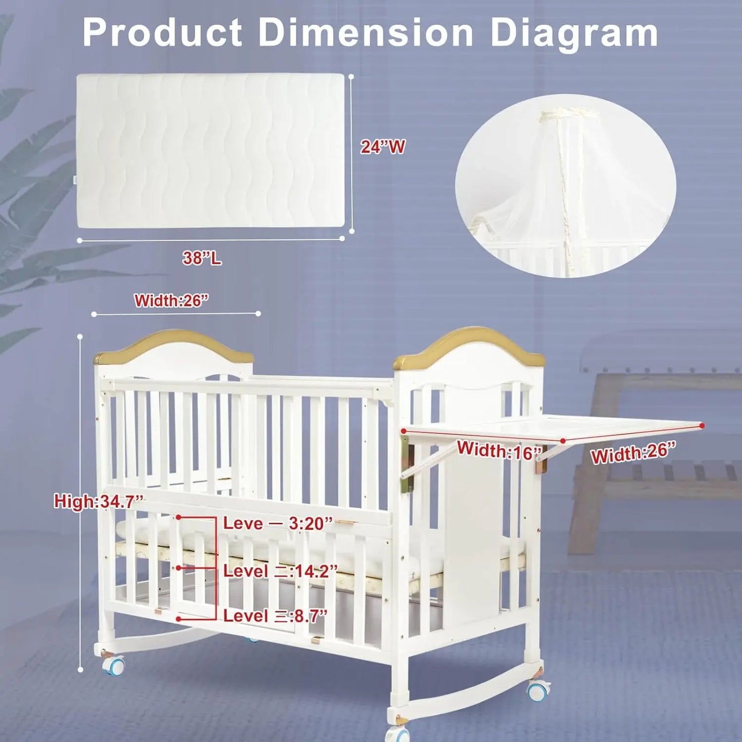 Portable Mini Baby Crib, 4-in-1 Modern Design with Foldable Storage Shelf & Mattress Included, Small Wood Convertible Crib,