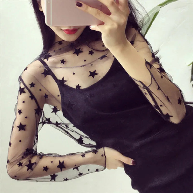 New Transparent See Through Shirt Women Sexy Harajuku Mesh Tops Net Undershirt Star Base Top Camisas Femininas Clubwear