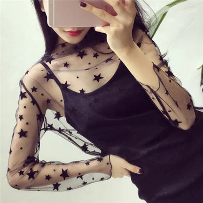 New Transparent See Through Shirt Women Sexy Harajuku Mesh Tops Net Undershirt Star Base Top Camisas Femininas Clubwear