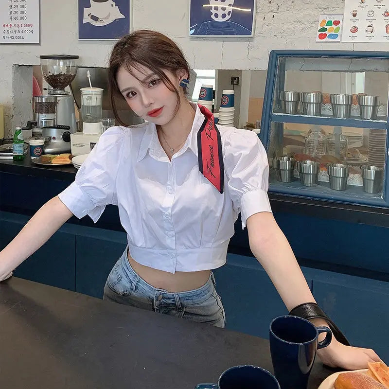 Korean Fashion Women's Shirt Summer Elegant Youth Blouses Clothes Preppy Puff Sleeve White Shirts Cropped Cute Top 2025