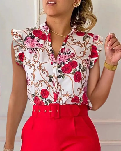 Womens Elegant Slim Two-Piece Sets Summer Fashion Print V Neck Button Flying Sleeve Shirt Top & Solid Long Pants Suits With Belt