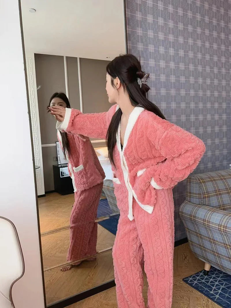2pcs/Set Autumn And Winter Pajamas Women Thickened Padded Warm Students Coral Girls Clot Velvet Suit Home wear Cardigan Trousers