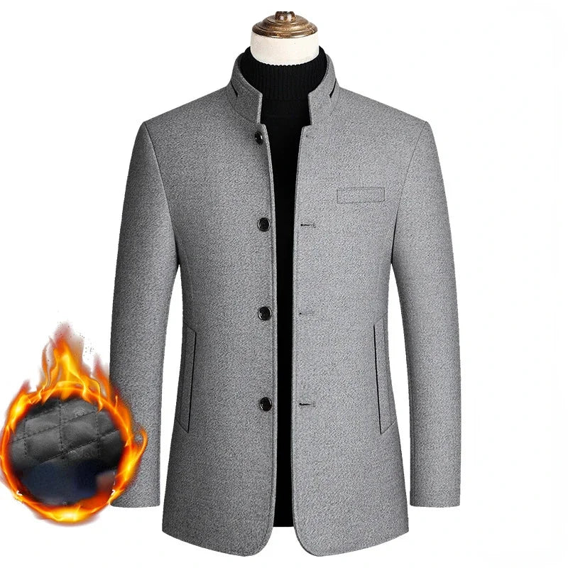 Men's Woolen Coat 2025 Autumn/Winter New Cotton Thickened Single Breasted Standing Collar Wool Blend Male Jacket