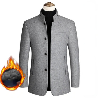 Men's Woolen Coat 2025 Autumn/Winter New Cotton Thickened Single Breasted Standing Collar Wool Blend Male Jacket