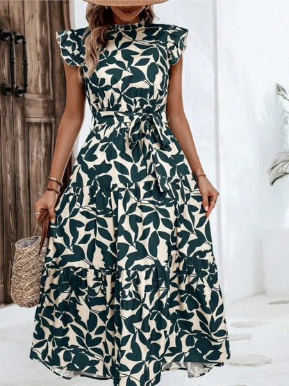 Elegant Women's Flower Midi Dress New Summer Fashion Stand Collar Flying Sleeve Lace Up Dress Casual Beach Holiday Dresses Robe