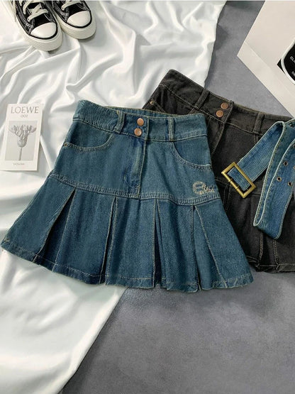 Embroider denim skirt women's clothing spring and summer retro pleated skirt empire look slimmer mini skirt