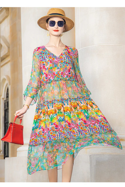 High Quality Summer 2025 Beach Boho Vintage Print Chiffon V Neck Dress Elegant Party Robe Designer Vespids Loose Midi Dress