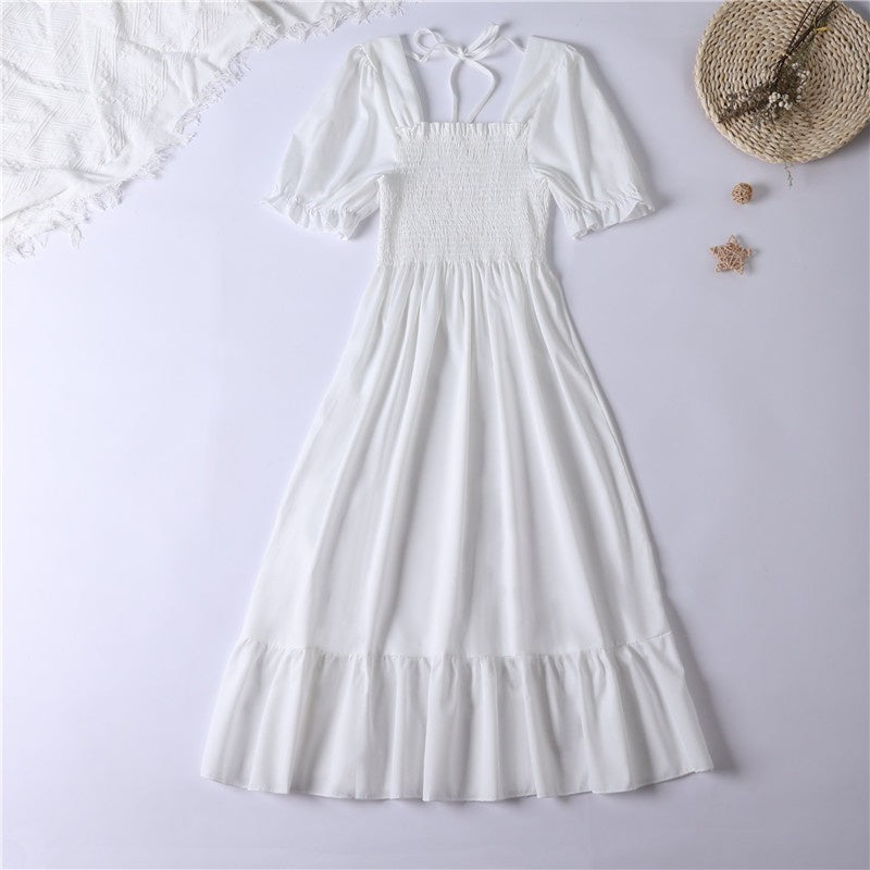 Summer Pleated Women Chiffon Dresses Casual Beach Holiday Short Sleeve Square Collar Woman Midi Dress Bohemian